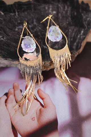 angel aura quartz gold fringe earrings