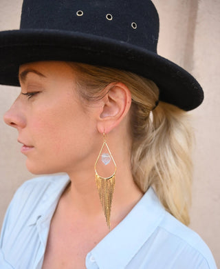 blue aquamarine crystal gold fringe earrings