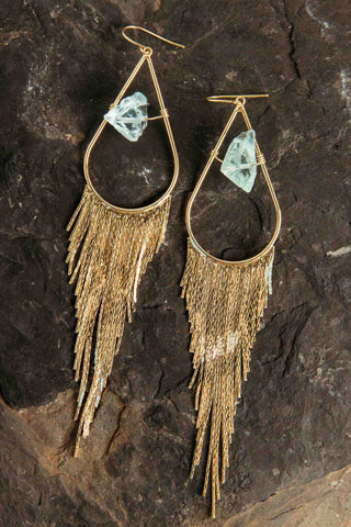 blue aquamarine crystal gold fringe earrings