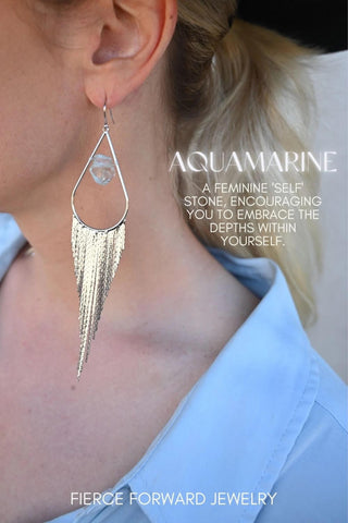 blue aquamarine silver fringe earrings