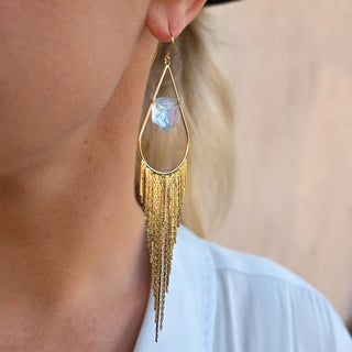 blue aquamarine crystal gold fringe earrings