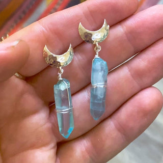 blue aura quartz silver moon dangle earrings