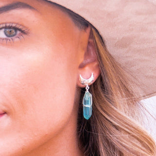blue aura quartz silver moon dangle earrings