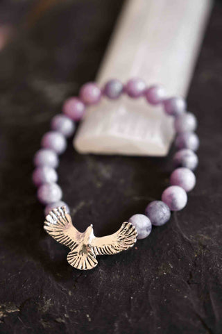 purple lepidolite gemstone silver eagle bracelet