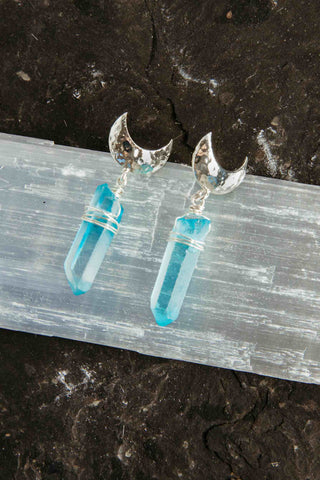 blue aura quartz silver moon dangle earrings