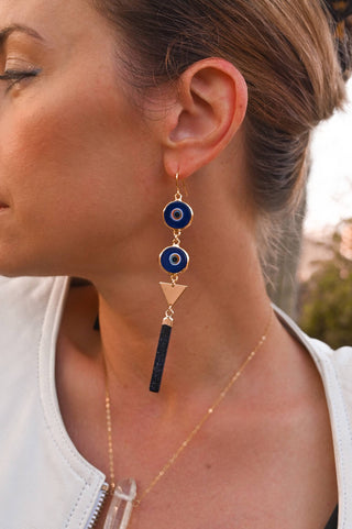 blue evil eyes gold triangle blue goldstone dangle earrings