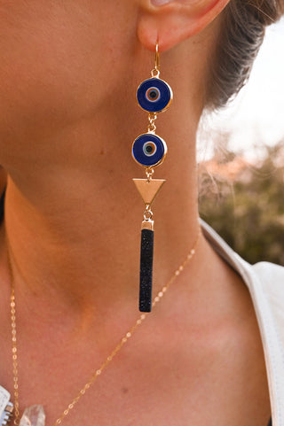 blue evil eyes gold triangle blue goldstone dangle earrings