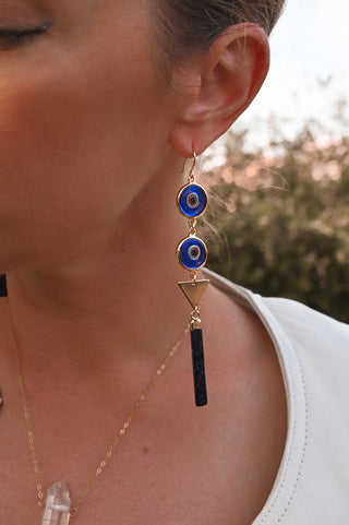 blue evil eyes gold triangle blue goldstone dangle earrings