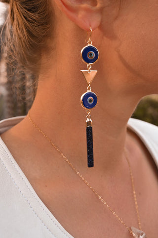 blue evil eyes gold triangle blue goldstone dangle earrings