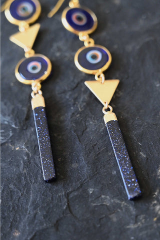 blue evil eyes gold triangle blue goldstone dangle earrings