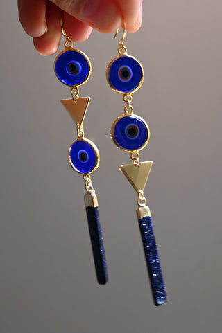 blue evil eyes gold triangle blue goldstone dangle earrings