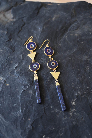 blue evil eyes gold triangle blue goldstone dangle earrings