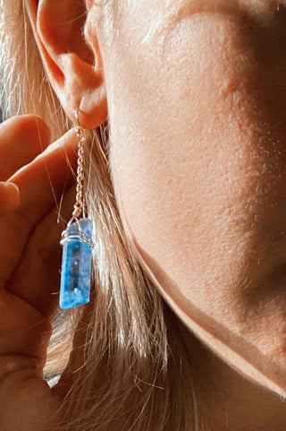 blue quartz gold dangle earrings