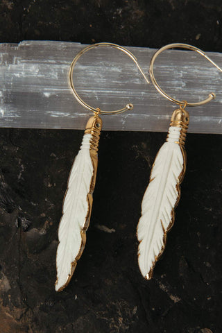white bone feather gold hoop earrings