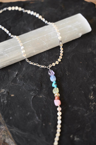 7 chakra crystals silver lariat necklace