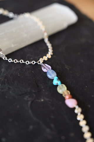 7 chakra crystals silver lariat necklace