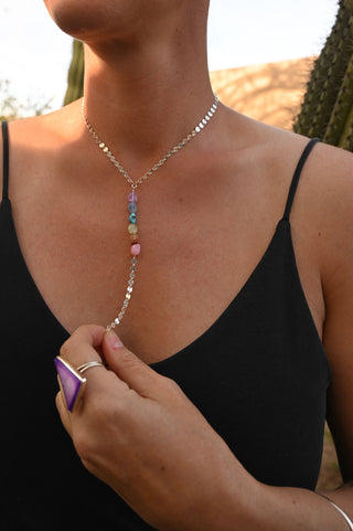 7 chakra crystals silver lariat necklace