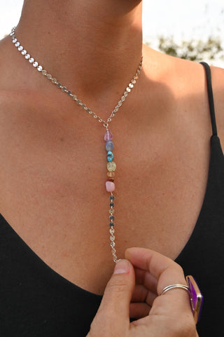 7 chakra crystals silver lariat necklace
