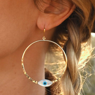 pearl evil eye gold hoop earrings