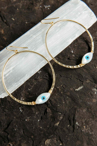 pearl evil eye gold hoop earrings