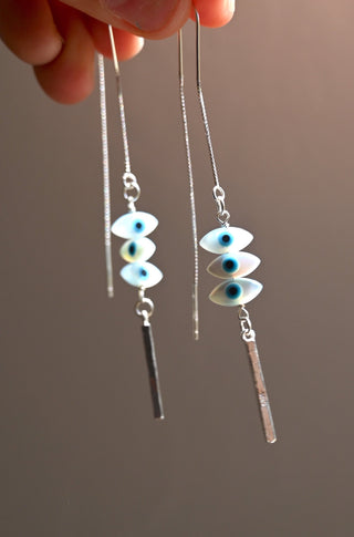 white blue evil eye pendants sterling silver threader earrings