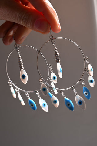 white & blue evil eyes silver hoop earrings
