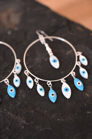 white & blue evil eyes silver hoop earrings
