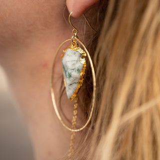 moss agate gold hoop earrings