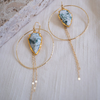 moss agate gold hoop earrings