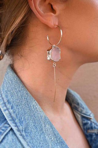 gold hoop pink rose quartz dangle earrings