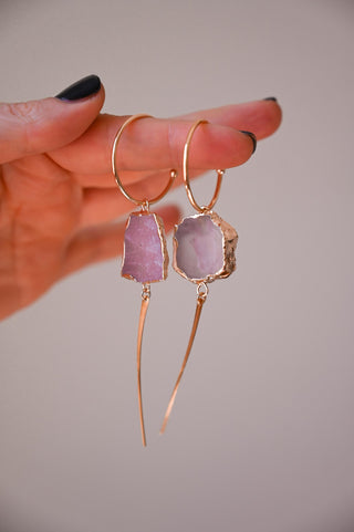 gold hoop pink rose quartz dangle earrings