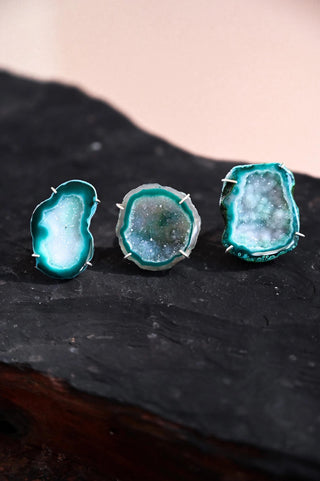 green agate geode silver ring