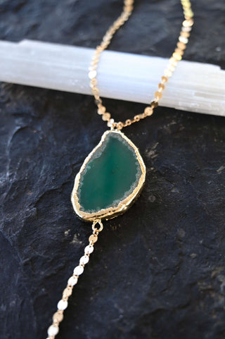 gold disc chain green agate pendant necklace