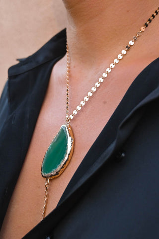 gold disc chain green agate pendant necklace