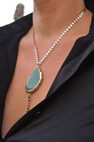 gold disc chain green agate pendant necklace