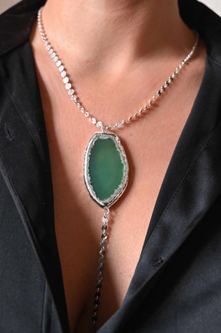 silver disc chain green agate pendant necklace