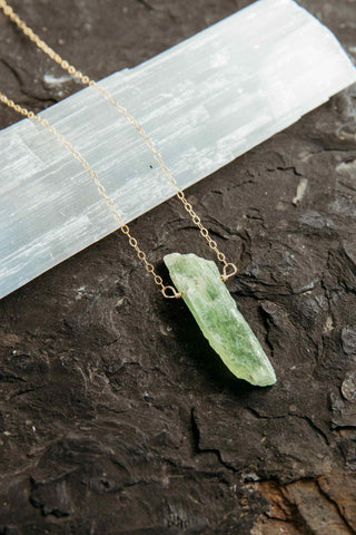 green kyanite crystal silver necklace