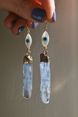 kyanite crystal evil eye dangle earrings