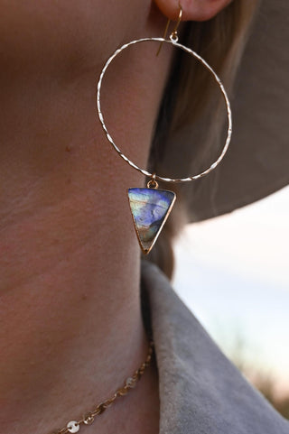 labradorite triangle pendant gold hoop earrings