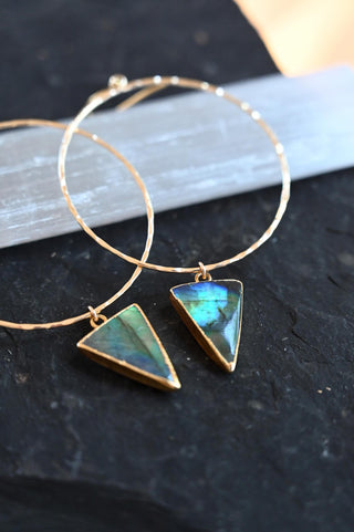 labradorite triangle pendant gold hoop earrings