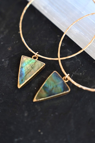 labradorite triangle pendant gold hoop earrings