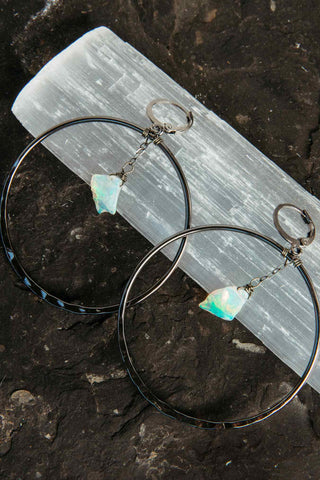 opal gemstone gunmetal silver hoop earrings