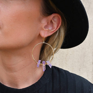 purple aura quartz gold hoop earrings