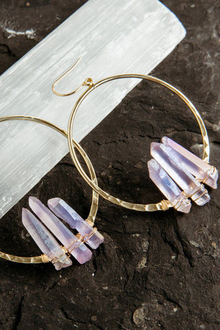 purple aura quartz gold hoop earrings