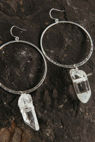 clear quartz silver hoop earrings