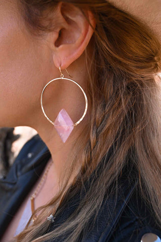 pink rose quartz pendant gold hoop earrings