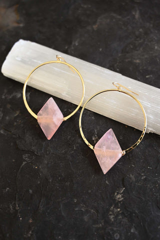 pink rose quartz pendant gold hoop earrings