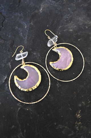 pink chalcedony moon clear quartz gold hoop earrings