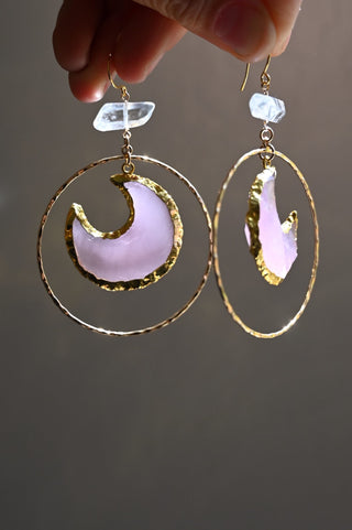 pink chalcedony moon clear quartz gold hoop earrings