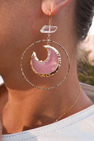 pink chalcedony moon clear quartz gold hoop earrings